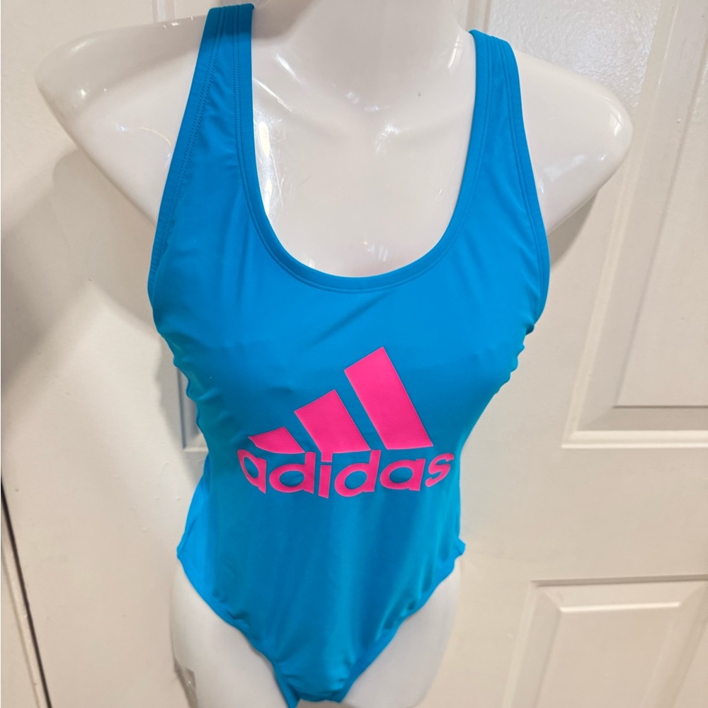 Adidas one piece logo cross back blue & pink swimsuit medium - Picture 2 of 9